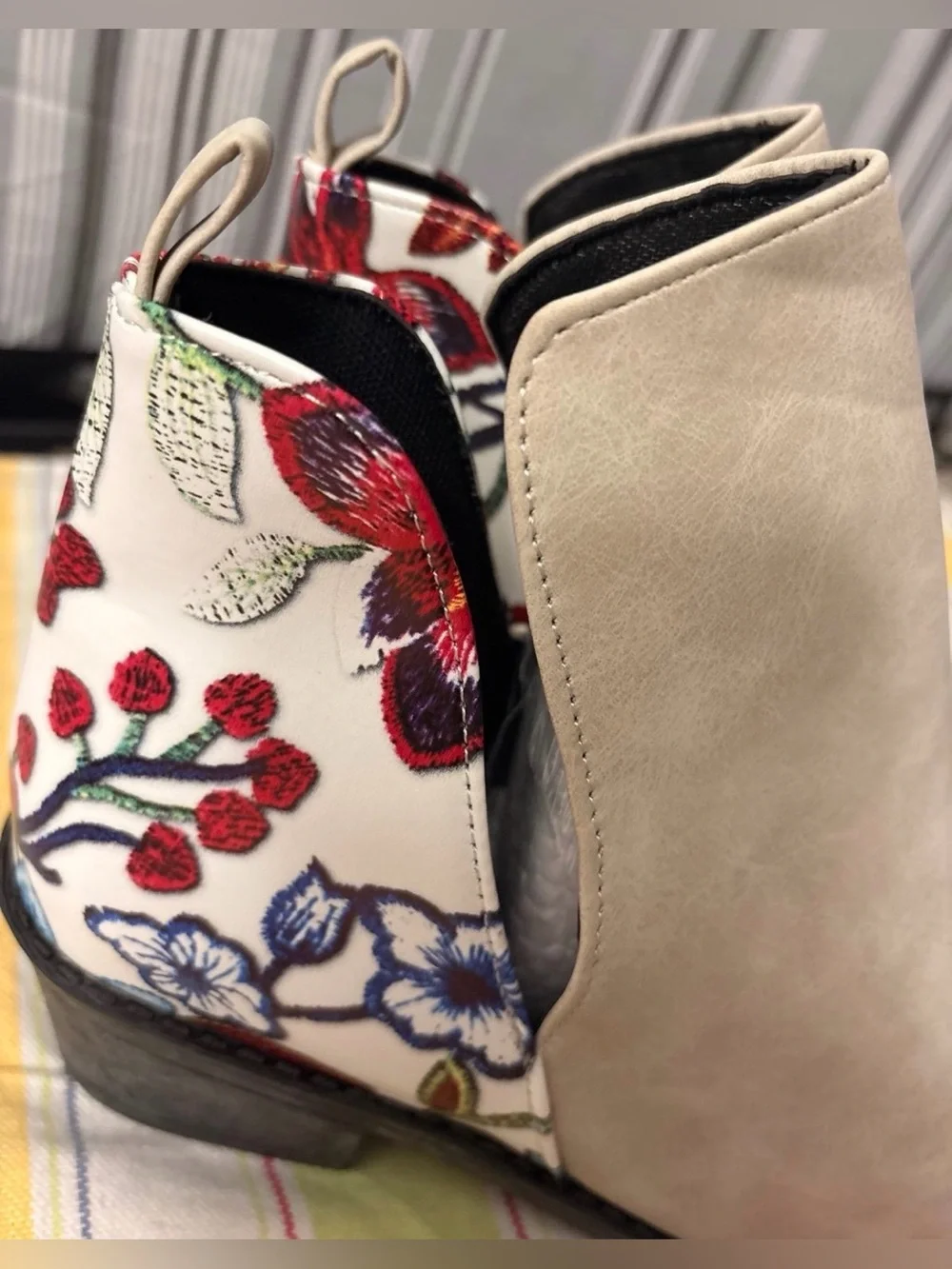 Vintage Taupe Ankle Boots with Floral Embroidered Heel